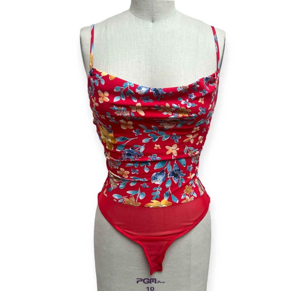 Lulus Botanical Bombshell Red Floral Print Cowl Neck Bodysuit